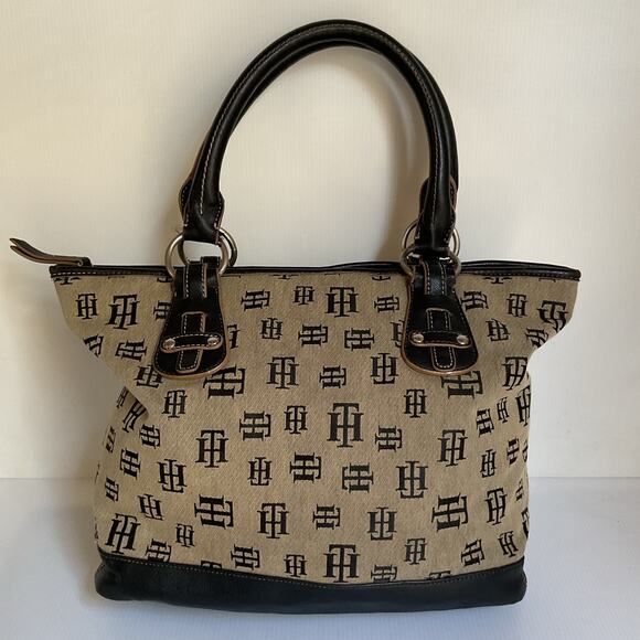 Tommy Hilfiger Vintage Monogram Tote Bag Black Beige Y2k Retro Designer - Picture 1 of 10